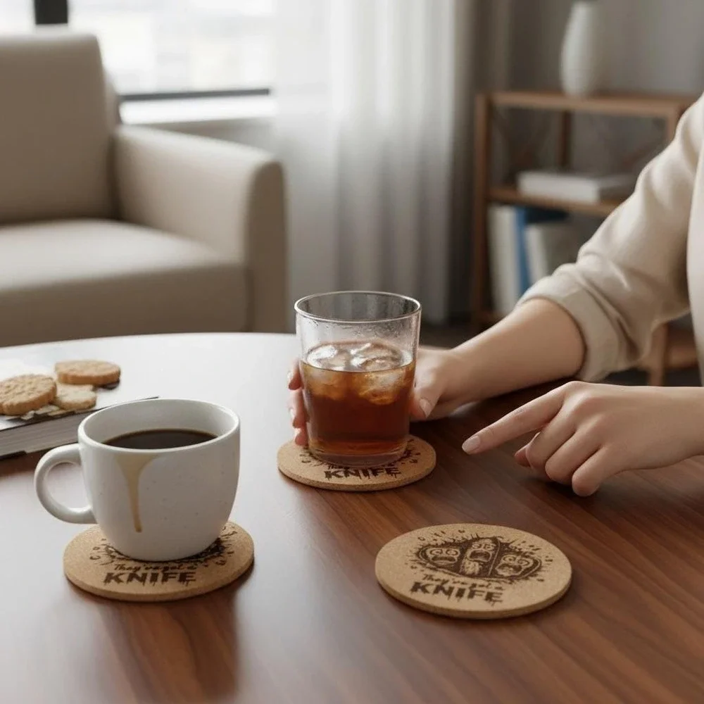 Funny Horror Cork Coaster Set 4 They've Got a Knife Chicken Cow Veggie Pun Bar